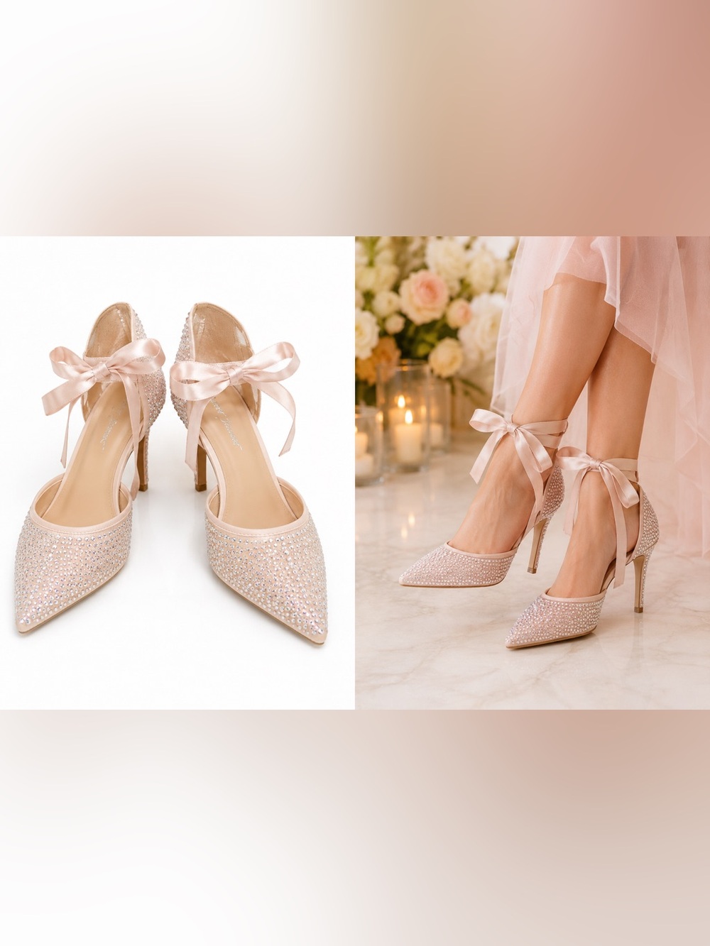 Betsey Johnson SB-Iris Blush Rhinestone Bridal Pumps Ankle Tie 9.5 - Picture 2 of 10